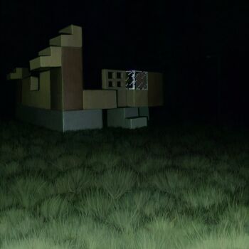 absurdres block_(minecraft) building commentary door dyoudi english_commentary glass grass highres liminal_space minecraft night no_humans ruins scenery stairs