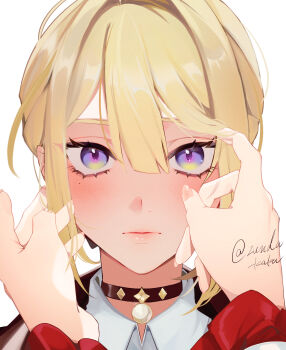 2girls artist_name astra_yao blonde_hair blush coat collar evelyn_chevalier hair_between_eyes hand_in_another&#039;s_hair hand_on_another&#039;s_face highres looking_at_viewer mole mole_under_eye multiple_girls nail_polish open_mouth pov pov_hands purple_eyes red_sleeves shirt simple_background solo_focus twitter_username white_background white_shirt zenless_zone_zero zunda_kaku