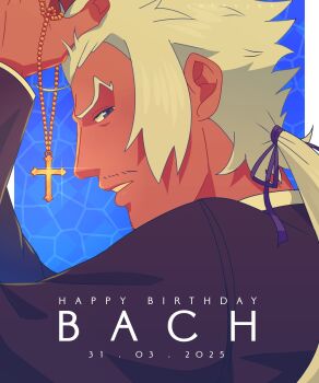 Rule 34 | 1boy, artist name, black jacket, blue eyes, border, catovyen, character name, classicaloid, cross, cross necklace, dated, facial hair, glint, goatee stubble, happy birthday, highres, holding, holding jewelry, holding necklace, jacket, jewelry, johann sebastian bach (classicaloid), long hair, male focus, mustache stubble, necklace, parted lips, ponytail, purple ribbon, ribbon, solo, stubble, tan, white border
