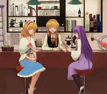 >_< 3girls adapted_costume alcohol alice_margatroid alternate_eye_color alternate_hairstyle ankle_cuffs arm_rest artist_request bar_(place) bar_stool basket blonde_hair blue_dress blue_eyes book bottle brown_legwear capelet ceiling_light coffee_grinder coffee_maker coffee_mug coffee_pot collarbone counter countertop cup dress flats flower frilled_skirt frills hair_ribbon indoors jar kirisame_marisa ladder lolita_fashion long_hair long_sleeves looking_down mi_ye_xi mug multiple_bottles multiple_girls necktie no_headwear open_book pantyhose patchouli_knowledge purple_dress purple_hair reading ribbon shanghai_doll shelf short_hair sitting skirt smile spoon stool touhou tress_ribbon vest waistcoat whiskey wine_bottle yellow_eyes
