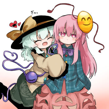 2girls black_hat black_socks blouse blue_shirt bow bubble_skirt buttons closed_eyes commentary_request diamond_button emoji expressionless eyeball frilled_sleeves frills green_hair green_skirt hat hat_ribbon hata_no_kokoro heart heart_of_string heripantomorrow hug komeiji_koishi long_sleeves mask mask_on_head multiple_girls pink_eyes pink_hair pink_skirt plaid_clothes purple_bow ribbon shirt skirt skirt_cutout smile socks third_eye touhou yellow_ribbon yellow_shirt