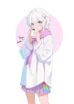 1girl bilibili_2006560977 blue_eyes borrowed_character chinese_commentary commentary_request cowboy_shot cup drinking gift_art highres holding holding_cup jacket looking_at_viewer mug mustache_print original pink_scarf pink_skirt pleated_skirt rainbow_hair_ornament scarf second-party_source skirt solo white_background white_hair white_jacket
