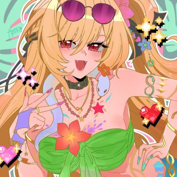 Rule 34 | 1girl, ahoge, aoionthehill, bare shoulders, bikini, blonde hair, breasts, cissia (zenless zone zero), cleavage, commentary, fangs, fingernails, hair between eyes, hair ornament, heart, highres, large breasts, long fingernails, long hair, open mouth, pink nails, pixel heart, pixelated, red eyes, smile, snake, sunglasses, swimsuit, untranslatable commentary, upper body, white snake, zenless zone zero