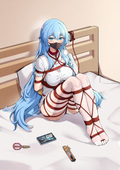 1girl absurdres aqua_eyes aqua_hair arms_behind_back ass bdsm bed bed_frame bed_sheet bedroom between_buttocks between_legs between_thighs blue_eyes blue_hair blush bondage bound bound_ankles bound_arms bound_legs bound_toes bound_torso boxcutter breasts clenched_hand cloth_gag collar collared_shirt commission crotch_rope drooling duct_tape face_mask female_focus full_body gag gagged hair_between_eyes highres improvised_gag indoors knees_up large_breasts leash legs long_hair looking_at_viewer looking_to_the_side looking_up mask multicolored_hair neglect_play no_pants no_shoes on_bed open_mouth original over_the_nose_gag panties phone pillow pixiv_commission red_rope rope saliva scissors shibari shibari_over_clothes shirt short_sleeves sidelocks sitting skin_tight skindentation solo t_zhonglang tape tape_bondage taped_hands taped_scissors taped_utility_knife thighhighs thighs toes tribadism two-tone_hair underwear very_long_hair bed white_panties white_shirt white_thighhighs