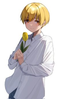 1boy blonde_hair closed_mouth cowboy_shot flower hair_between_eyes hashtag-only_commentary highres holding holding_flower kai_(shell) long_sleeves looking_to_the_side male_focus orange_eyes root_(stpri) shirt short_hair simple_background smile solo strawberry_prince tulip white_background white_shirt yellow_flower