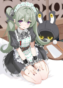 1girl absurdres apron bangboo_(zenless_zone_zero) black_dress black_nails butler_(zenless_zone_zero) chain corin_wickes cuffs dress earrings green_hair hair_between_eyes hands_on_own_knees highres jewelry kyoichi long_hair looking_at_viewer maid maid_apron maid_headdress mimikaki on_bed open_mouth puffy_short_sleeves puffy_sleeves purple_eyes screw_hair_ornament seiza short_sleeves sidelocks sitting twintails zenless_zone_zero