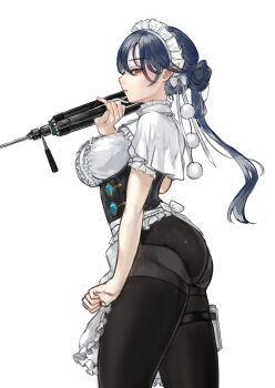 Rule 34 | 1girl, absurdres, alternate costume, alternate hairstyle, apron, blue hair, blush, breasts, capelet, commentary request, corset, expressionless, from side, gonglijeongli, highres, holding, holding tripod, iizunamaru megumu, large breasts, maid headdress, panties, panties under pantyhose, pantyhose, pointy ears, ponytail, red eyes, shirt, short sleeves, solo, test tube, thigh strap, touhou, tripod, underwear, white background, white capelet, white shirt