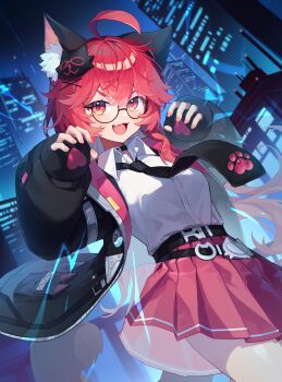 1girl :d absurdres ahoge animal_ear_fluff animal_ears belt black-framed_eyewear black_belt black_choker black_necktie breasts building cat_ears cat_girl cat_hair_ornament cat_tail choker city commentary_request cowboy_shot fang fingerless_gloves gloves hair_between_eyes hair_ornament heart heart_print highres jacket long_hair looking_at_viewer medium_breasts miniskirt nanally_(nte) necktie neverness_to_everness night open_clothes open_jacket open_mouth outdoors paw_print pink_hair pleated_skirt red_eyes red_skirt round_eyewear semi-rimless_eyewear shirt skin_fang skirt sky skyscraper smile solo standing tail ty_saurus white_shirt x_hair_ornament