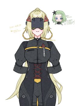 1girl absurdres adapted_costume arms_behind_back ashimi_fugo blindfold_mask blonde_hair covered_eyes eye_mask glowing_mask hair_ornament highres isolde_(zenless_zone_zero) long_hair mask pants simple_background smile solo_focus standing triangle_hair_ornament trigger_(zenless_zone_zero) very_long_hair zenless_zone_zero