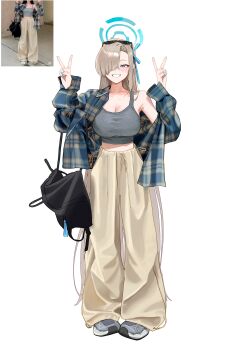 1girl alternate_costume aqua_ribbon armpits asuna_(blue_archive) asymmetrical_bangs black_bag blue_archive blush breasts brown_hair brown_pants casual cleavage collarbone crop_top double_v eyewear_on_head fingernails full_body grey_tank_top hair_over_one_eye hair_ribbon halo highres jacket jacket_partially_removed large_breasts long_hair looking_at_viewer midriff nail_polish omochiarts one_eye_covered open_clothes open_jacket pants photo-referenced plaid_clothes plaid_jacket reference_inset reference_sheet ribbon shoes simple_background single_bare_shoulder smile sneakers solo standing straight_hair sunglasses tank_top v very_long_hair white_background