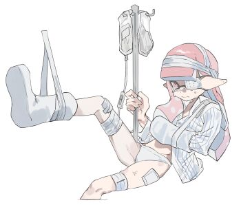 1girl bandages broken_arm broken_leg cast closed_mouth cropped_legs eyepatch highres inkling inkling_girl inkling_player_character intravenous_drip invisible_chair iv_stand kiwi_splatoon long_hair long_pointy_ears medical_eyepatch nintendo pink_eyes pink_hair pointy_ears shirt simple_background sitting solo splatoon_(series) sweat tears tentacle_hair white_background white_shirt