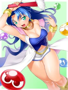1girl :d aqua_eyes arm_up bare_shoulders blob blue_hair bracelet breasts choker cleavage folded_fan folding_fan green_background green_eyes half_updo hand_fan happy highres jewelry large_breasts legs long_hair lots_of_jewelry madou_monogatari midriff necklace onsoku_inu open_mouth puyo_(puyopuyo) puyopuyo rulue_(puyopuyo) shiny_skin skirt smile