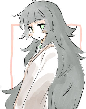 1girl blunt_bangs closed_mouth collar commentary_request from_side green_collar green_eyes green_hair green_trim hiyajou_maho jacket_over_dress long_hair long_sleeves looking_at_viewer messy_hair sadarann science_adventure simple_background solo steins;gate steins;gate_0 unamused upper_body very_long_hair white_background