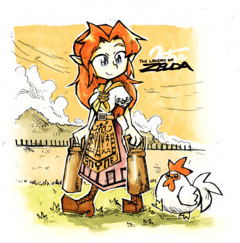1girl anniversary apron bird blue_eyes boots breasts brown_apron brown_boots chicken closed_mouth cloud commentary copyright_name cucco english_commentary full_body grass hair_intakes holding long_hair long_skirt malon neckerchief nintendo orange_hair outdoors pink_skirt pointy_ears setz shirt short_sleeves sidelocks skirt sky smile the_legend_of_zelda the_legend_of_zelda:_ocarina_of_time white_shirt yellow_neckerchief
