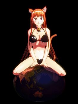 1girl 3d animal_ears animated animated_gif asobi_ni_iku_yo! bell black_background blush bouncing_breasts breasts cat_ears cat_tail cats_attacks! collar earth_(planet) eris_(asobi_ni_iku_yo!) female_focus jingle_bell large_breasts matching_hair/eyes myu_ranran neck_bell orange_eyes orange_hair planet shiny_clothes simple_background smile solo straddling tail