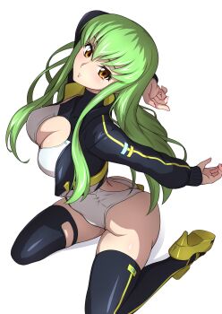 1girl absurdres alice_gear_aegis ass black_jacket black_thighhighs breasts butt_crack c.c. circle_cutout cleavage cleavage_cutout clothing_cutout code_geass companion/af covered_collarbone front_zipper full-length_zipper green_hair heattech_leotard highleg highleg_leotard highres hutokumi jacket kneeling leotard long_hair medium_breasts multicolored_leotard race_queen sleeveless_turtleneck_leotard solo thighhighs turtleneck two-tone_leotard white_leotard yellow_eyes zipper zipper_leotard zipper_pull_tab