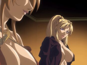 00s 2006 2girls animated animated_gif bible_black bible_black_new_testament blonde_hair breasts brown_hair cloak earrings high_ponytail imari_kurumi jewelry large_breasts lipstick long_hair makeup multiple_girls open_clothes ponytail purple_eyes robe saeki_kaori shin_bible_black side_ponytail smirk tagme