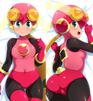 1girl ass bed black_bodysuit blonde_hair blush bodysuit boots breasts closed_mouth dakimakura_(medium) elbow_gloves gloves green_eyes has_revision helmet konpeto leotard long_hair lying md5_mismatch medium_breasts mega_man_(series) mega_man_battle_network mega_man_battle_network_(series) on_side open_mouth pink_boots pink_gloves pink_helmet pink_leotard roll.exe_(mega_man) small_breasts smile solo thigh_boots thighhighs