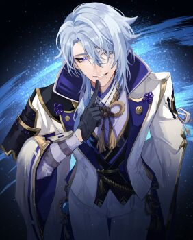 1boy absurdres arm_guards armor black_gloves blue_background blue_hair collared_jacket commentary cowboy_shot crescent_(cgcrescent) eyelashes from_above genshin_impact gloves gold_trim hair_between_eyes hair_over_shoulder hand_up high_collar highres index_finger_raised jacket japanese_armor japanese_clothes kamisato_ayato kimono lapels long_sleeves looking_at_viewer male_focus medium_hair mole mole_under_mouth multicolored_background open_clothes open_jacket pants parted_bangs parted_lips purple_eyes purple_kimono rope shoulder_armor sidelocks smile sode solo standing swept_bangs tassel teeth vision_(genshin_impact) white_jacket white_pants wide_sleeves