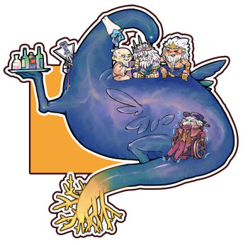 5boys ashina_isshin beard bloodborne bottle brown_jacket brown_kimono brown_pants brown_vest chibi chibi_only chinese_commentary closed_eyes commentary_request company_connection crown dark_souls_(series) dark_souls_i elden_beast elden_ring facial_hair fromsoftware full_body gehrman_the_first_hunter godfrey_first_elden_lord gwyn_lord_of_sunlight jacket japanese_clothes kanon_(rsl) kimono long_sleeves multiple_boys mustache old old_man open_clothes open_jacket open_mouth pants sekiro:_shadows_die_twice trait_connection vest wheelchair white_background white_hair