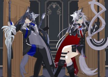 2girls absurdres animal_ears arknights black_boots black_gloves black_hair black_pantyhose blue_gloves blue_shorts boots breasts commentary_request crossed_legs fingerless_gloves giru_rei gloves green_eyes grey_hair hair_between_eyes highres lappland_(arknights) lappland_the_decadenza_(arknights) long_hair looking_at_viewer medium_breasts multiple_girls official_alternate_costume orange_eyes pantyhose scar scar_on_face shirt short_shorts shorts smile texas_(arknights) texas_the_omertosa_(arknights) thighs white_shirt wolf_ears wolf_girl