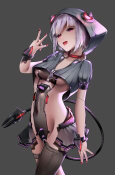 1girl absurdres alternate_costume blood blood_on_mouth bob_cut breasts clothing_cutout collar command_&amp;_conquer command_&amp;_conquer:_red_alert command_&amp;_conquer:_red_alert_2 dart fingernails grey_background grey_hood highres hood hood_up horned_hood horns libra_(mental_omega) licking_lips long_fingernails mechanical_tail medium_breasts mental_omega_(mod) minato_minamoto open_clothes open_skirt pink_eyes pink_hair red_collar red_nails single_thighhigh skirt solo stomach_cutout tail thighhighs thighs tongue tongue_out underboob upper_body