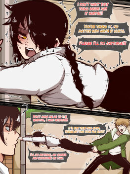 1girl 2boys 2koma braid chainsaw_man comic denji_(chainsaw_man) english_text hair_over_one_eye highres jacket long_hair mark_gavatino mitaka_asa multiple_boys nayuta_(chainsaw_man) open_clothes open_jacket orange_hair pulling saliva sexually_suggestive sweat utility_pole yellow_eyes