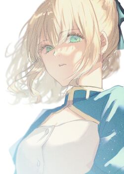 1girl aqua_eyes artoria_pendragon_(fate) blonde_hair blue_bow blue_dress bow breasts buttons cleavage_cutout clothing_cutout commentary_request dress fate/stay_night fate_(series) floating_hair hair_between_eyes hair_bow highres juliet_sleeves long_sleeves looking_at_viewer open_mouth puffy_sleeves ro96cu saber_(fate) short_hair simple_background small_breasts solo teeth upper_body wavy_hair white_background