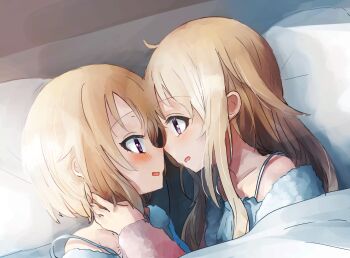 2girls bed blonde_hair blush camisole doroni_max eye_contact gochuumon_wa_usagi_desu_ka? incest indoors jinja_eru jinja_natsume long_hair looking_at_another medium_hair morning multiple_girls open_mouth pillow purple_eyes siblings sisters twincest twins under_covers yuri