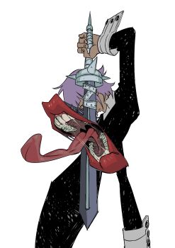 Rule 34 | 1girl, 1other, absurdres, androgynous, black dress, cowboy shot, crona (soul eater), dress, highres, holding, holding sword, holding weapon, long sleeves, neponeponepo0, open mouth, parted lips, purple hair, saliva, screaming, short hair, simple background, soul eater, spikes, sword, teeth, tongue, weapon, white background, wrist cuffs