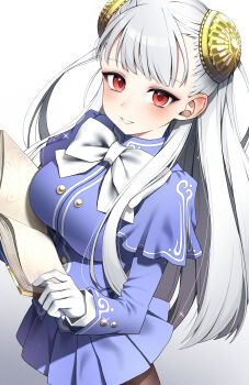 1girl absurdres blue_skirt book bow bowtie capcom_fighting_jam commentary_request cowboy_shot gloves grin hairpods highres holding holding_book ingrid_(capcom) long_hair looking_at_viewer n4rai open_book pleated_skirt red_eyes simple_background skirt smile solo street_fighter street_fighter_6 white_background white_bow white_bowtie white_gloves white_hair