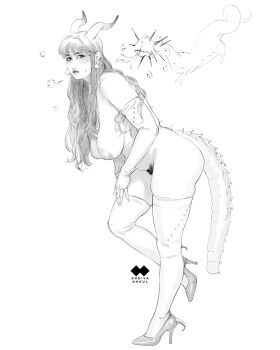 1girl adjusting_clothes adjusting_legwear artist_logo artist_name ass backward-facing_horns belly blush breasts breath choppy_bangs closed_mouth creature dragon dragon_girl ear_piercing earrings elbow_gloves eyeliner female_pubic_hair fingerless_gloves fingernails from_side full_body gloves godiva_ghoul greyscale hair_over_shoulder high_heels highres horns inverted_nipples jewelry large_areolae large_breasts leaning_forward lips logo long_fingernails long_hair long_sidelocks looking_at_viewer makeup mismatched_pubic_hair mole mole_under_eye monochrome nipples nostrils nude original parted_lips piercing pubic_hair sagging_breasts severed_tail sharp_fingernails sidelocks simple_background sketch skindentation solo standing standing_on_one_leg stiletto_heels sweatdrop tail thick_thighs thighhighs thighs white_background