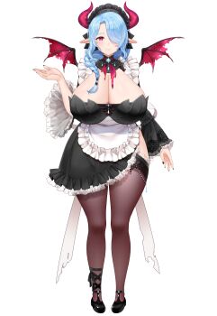 1girl absurdres animal_ears apron black_dress black_nails black_shoes blue_hair braid breasts bright_pupils cleavage closed_mouth cow_ears cow_girl cow_horns cow_tail cream_cod dress frilled_apron frilled_dress frills hair_over_one_eye hair_over_shoulder hair_tubes highres horns huge_breasts indie_virtual_youtuber long_hair maid maid_headdress miilkywayz mole mole_on_breast mole_under_mouth official_alternate_eye_color official_art pink_eyes pink_horns shoes single_hair_tube smile solo tachi-e tail thighhighs transparent_background virtual_youtuber white_apron wings
