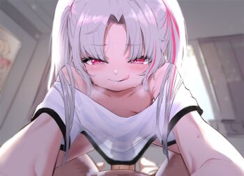 1boy 1girl :q areola_slip assertive_female backlighting blush bad_tag breasts cowgirl_position downblouse erection fang femdom girl_on_top grey_hair heart heart-shaped_pupils hetero highres imminent_penetration indoors licking_lips loli lolidom long_hair looking_at_viewer lustful_expression mole mole_under_eye multicolored_hair naughty_face off_shoulder original parted_bangs penis pink_eyes pink_hair pov see-through_clothes shirt sidelocks small_breasts smalldom smaller_dominant smile smug steaming_body straddling sweat symbol-shaped_pupils t-shirt tongue tongue_out two-tone_hair uncensored utsusumi_kio white_hair window