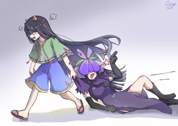 2girls :d angry arm_up black_boots black_gloves black_hair blue_pants blush boots commentary_request covered_eyes dated dragging dress elbow_gloves from_side gloves gradient_background green_shirt grey_background horns long_hair looking_ahead multiple_girls nippaku_zanmu open_mouth pants puffy_short_sleeves puffy_sleeves pulling_another's_clothes purple_dress purple_veil quan_wei_cao_xin red_eyes sandals shirt short_sleeves side_slit signature smile star_(symbol) string string_around_horn tassel touhou veil very_long_hair walking yellow_horns yomotsu_hisami