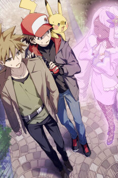 1girl 2boys 88_(einnimnech) black_pants black_shirt blue_oak blue_pants brown_hair brown_jacket dark-skinned_female dark_skin gen_1_pokemon green_shirt group_picture hat highres hologram jacket multiple_boys nintendo open_clothes open_jacket pants pikachu pokemon pokemon_legends:_z-a red_(pokemon) red_hat scared shirt short_hair walking