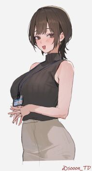 1girl :d artist_name black_sweater breasts brown_eyes brown_hair brown_skirt commentary_request highres id_card lanyard large_breasts looking_at_viewer mole mole_under_eye multiple_views open_mouth original pencil_skirt saeki_misaki simple_background skirt sleeveless sleeveless_sweater smile sooon standing sweater twitter_username watermark white_background