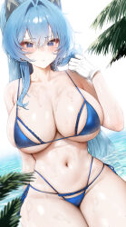 Rule 34 | 1girl, absurdres, bikini, blue bikini, blue eyes, blue hair, breasts, gloves, goddess of victory: nikke, hair intakes, hand up, helm (aqua marine) (nikke), helm (nikke), highres, large breasts, long hair, looking at viewer, mochirong, navel, official alternate costume, see-through, see-through shirt, shirt, sitting, solo, stomach, swimsuit, thighs, water, wet, wet clothes, wet shirt, white gloves