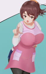 Rule 34 | apron, breasts, brown eyes, brown hair, buddy daddies, hanyuu anna, large breasts, looking at viewer, plump, pointing, pointing at viewer, shorts, thick thighs, thighs
