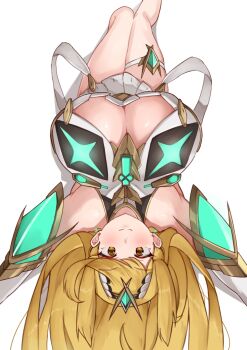 1girl absurdres blonde_hair breasts chest_jewel cleavage cleavage_cutout clothing_cutout core_crystal_(xenoblade) dress highres huge_breasts long_hair mythra_(xenoblade) revision simple_background solo tiara upside-down white_background white_dress xenoblade_chronicles_(series) xenoblade_chronicles_2 yellow_eyes yotsuha_uni