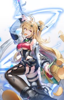 1girl ahoge arm_up bag_of_chips bare_shoulders black_shoes black_skirt black_thighhighs blonde_hair blurry blurry_background blurry_foreground breasts chalky_(zenless_zone_zero) chips_(food) cissia_(zenless_zone_zero) commentary_request detached_sleeves egg electricity fingernails food from_side hair_between_eyes hair_ornament hairclip highres holding holding_food holding_weapon kid_o_kido large_breasts leg_up long_hair looking_to_the_side metal_wrist_cuffs miniskirt pink_nails pom_pom_(clothes) pom_pom_hair_ornament shoes skirt snake snake_girl snake_tail tail thighhighs underboob weapon white_background white_snake zenless_zone_zero