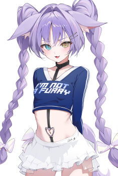 1girl absurdres ahoge animal_ears black_choker blue_eyes blue_shirt braid breasts choker clothes_writing commentary cowboy_shot crop_top fang fox_ears fox_girl fox_tail frilled_skirt frills hair_ornament hairclip heart heart_o-ring heterochromia highres long_sleeves midriff miniskirt navel o-ring open_mouth purple_hair shirt simple_background skirt small_breasts smile solo stellive stomach sweatdrop tail tenko_shibuki thumbsup_stella twin_braids twintails v-shaped_eyebrows virtual_youtuber white_background white_skirt yellow_eyes