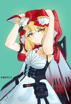 1girl absurdres animal_ear_fluff animal_ears arknights arknights:_endfield blonde_hair cape closed_mouth commentary_request dress ears_through_headwear green_background highres hood hood_up hooded_cape korean_commentary looking_at_viewer ramyun_(shcks97) red_cape rossi_(arknights) simple_background solo twitter_username white_dress wolf_ears wolf_girl yellow_eyes