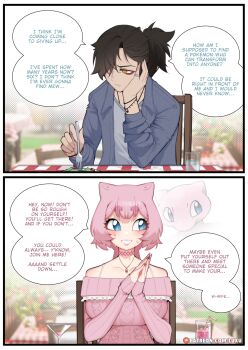 1boy 1girl artist_name bare_shoulders black_hair blue_eyes blue_jacket commentary dress eating english_commentary english_text gen_1_pokemon hair_over_one_eye highres jacket jewelry legendary_pokemon luxu mew_(pokemon) mythical_pokemon necklace nervous_sweating nintendo original patreon_username personification pink_dress pink_hair pokemon ring speech_bubble sweat sweater sweater_dress thought_bubble