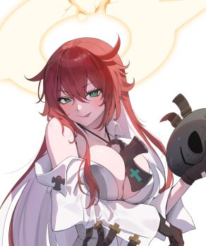 1girl absurdres ankh_necklace ankh_print blush bodysuit breasts broken_halo center_opening cleavage colored_inner_hair commentary green_eyes guilty_gear guilty_gear_strive hair_between_eyes halo highres holding holding_mask jack-o'_valentine large_breasts long_hair looking_at_viewer mask multicolored_hair na3lum red_hair seductive_smile smile solo tongue tongue_out white_bodysuit white_hair