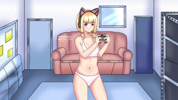 1girl absurdres aisha_venia animal_ears artist_name blonde_hair blue_archive bra carpet commission controller couch eyebrows eyelashes fake_animal_ears game_controller highres indoors knee_up locker looking_at_viewer momoi_(blue_archive) panties pink_eyes polka_dot room simple_background thighs underwear wall watermark white_bra white_panties
