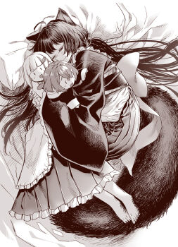 Rule 34 | 3girls, :d, ahoge, ange katrina, ange katrina (1st costume), animal ears, animal hair ornament, apron, back bow, barefoot, blush, bow, closed eyes, closed mouth, commentary request, dog ears, dog girl, dog tail, eyelashes, fetal position, frilled apron, frilled skirt, frills, greyscale, hair ornament, hands up, highres, hug, inui toko, inui toko (1st costume), japanese clothes, kimono, lize helesta, lize helesta (1st costume), long hair, long skirt, long sleeves, lying, mini person, minigirl, monochrome, multiple girls, nijisanji, nose blush, obi, obijime, on side, open mouth, pillow, pleated skirt, sanbaka (nijisanji), sash, skirt, sleeping, smile, tail, takanashi ringo, very long hair, virtual youtuber, waist apron, | |