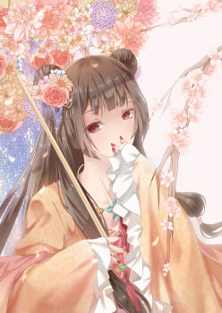 absurdres ajio_(pixiv7718798) blunt_bangs branch brown_hair cherry_blossoms chinese_commentary commentary_request covering_own_mouth double_bun falling_petals flower flower_knot flower_lyric_(miracle_nikki) flower_umbrella frilled_sleeves frills hair_bun hair_flower hair_ornament hair_ribbon hair_tubes highres holding holding_umbrella jewelry long_hair long_sidelocks long_sleeves looking_at_viewer lotus low-tied_long_hair miracle_nikki nail_polish necklace nikki_(series) petals pink_background pink_flower pink_shawl purple_eyes purple_flower red_nails ribbon shaded_face shawl sidelocks sleeves_past_wrists tassel tsurime umbrella umbrella_over_shoulder very_long_hair wavy_hair wide_sleeves wisteria yellow_flower yellow_hanfu yellow_ribbon