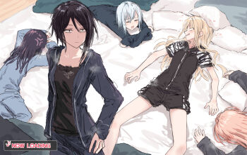 5girls anger_vein bang_dream! bang_dream!_girls_band_party! black_camisole black_hair black_jacket black_shorts blonde_hair blue_jacket blue_pajamas breasts camisole closed_eyes commentary cowboy_shot crossed_arms futaba_tsukushi highres hiromachi_nanami jacket kirigaya_toko kurata_mashiro legs_apart long_hair lying medium_breasts morfonica multiple_girls on_back on_stomach open_clothes open_jacket orange_hair pajamas sanpaku short-sleeved_jacket short_hair short_sleeves shorts standing yashio_rui yukitake_(bullfalk)