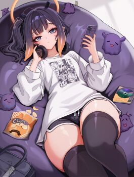 Rule 34 | 1girl, absurdres, alternate hairstyle, artist logo, bag, bean bag chair, black shorts, black thighhighs, blue eyes, blush, breasts, cd, cellphone, chips (food), closed mouth, collarbone, commentary, dolphin shorts, english commentary, food, hair flaps, halo, headphones, headphones around neck, highres, holding, holding phone, hololive, hololive english, light frown, logo, long sleeves, looking at viewer, medium hair, nail polish, ninomae ina'nis, ninomae ina'nis (loungewear), phone, pointy ears, potato chips, puffy long sleeves, puffy sleeves, purple eyes, purple hair, purple nails, school bag, shirt, shorts, side ponytail, small breasts, smartphone, t-shirt, takodachi (ninomae ina'nis), tentacle hair, thighhighs, thighs, traditional halo, twitter username, unstableboiler, virtual youtuber, watermark, white shirt, zettai ryouiki